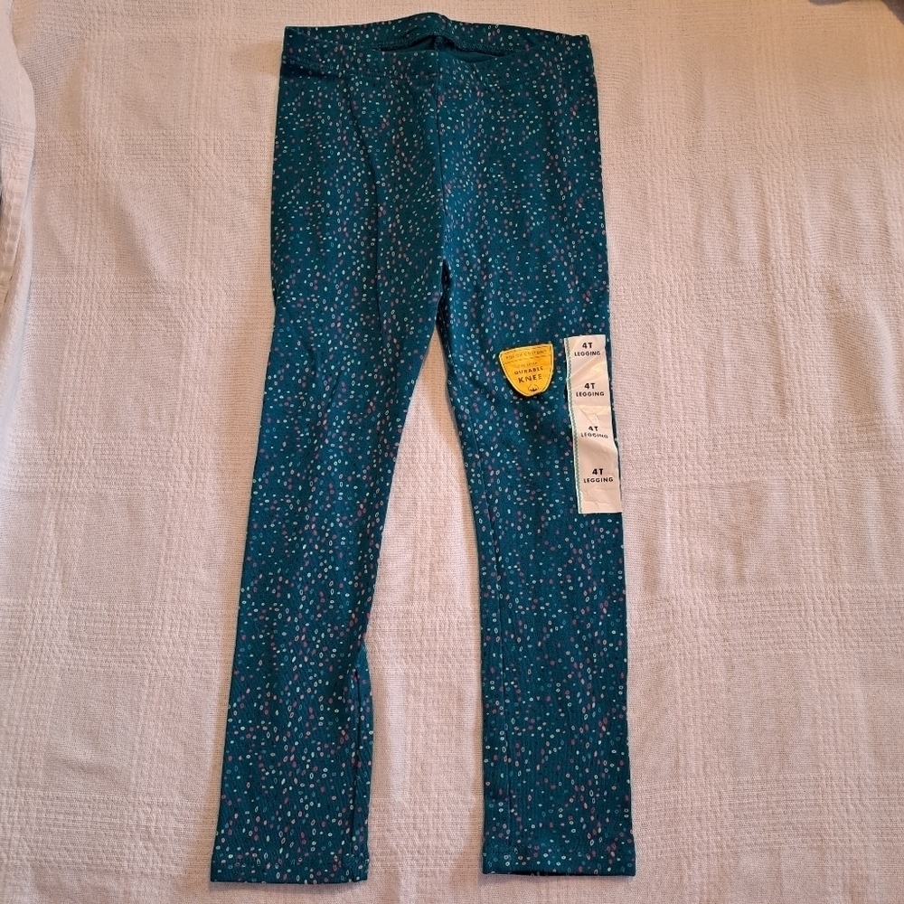 Cat and Jack girls size 4T teal durable knee leggings, multi color flecks, New